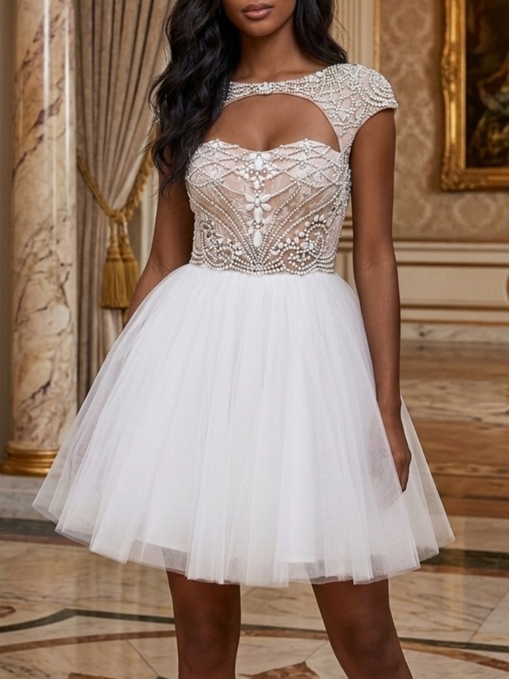 NWT Sherri Hill white and nude Tulle beaded bodice Prom formal Dress size 0